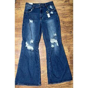 RUE21 Women’s High Rise Flare 90’s Fit Dark Denim Distressed Jeans sz 9 NEW